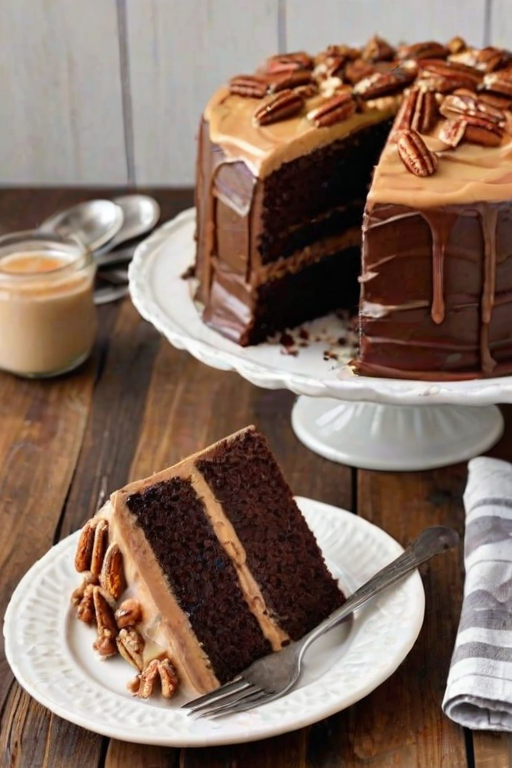 Create an image of a decadent chocolate layer cake with rich chocolate layers, creamy frosting, and caramel drizzled on top. The cake should be garnished with pecans and served on a white plate, with a fork beside it, and a rustic wooden background.