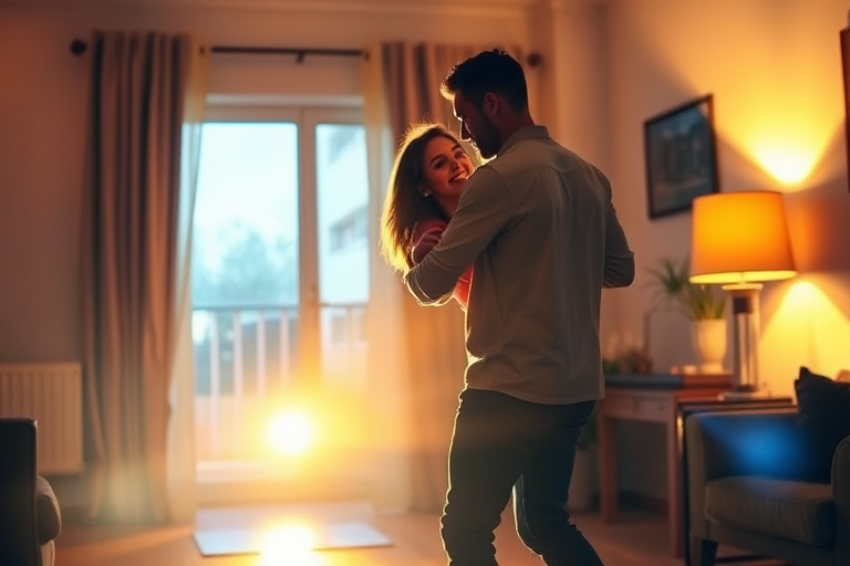 Warmly lit image of a couple dancing in their living room at night, soft glow from a nearby lamp casting long shadows on the floor, with the sound of soft music filling the air.