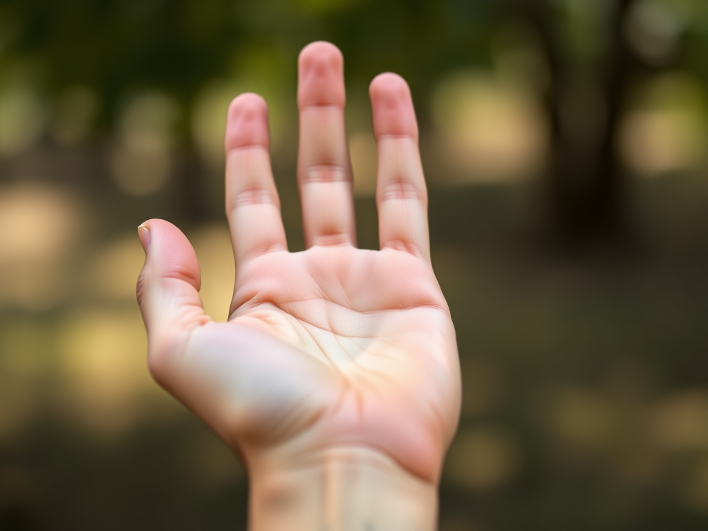 a close-up image of an open hand palm facing up, natural lighting, 50mm lens, f/2.8 aperture, ISO 100, soft focus background, high-resolution DSLR camera