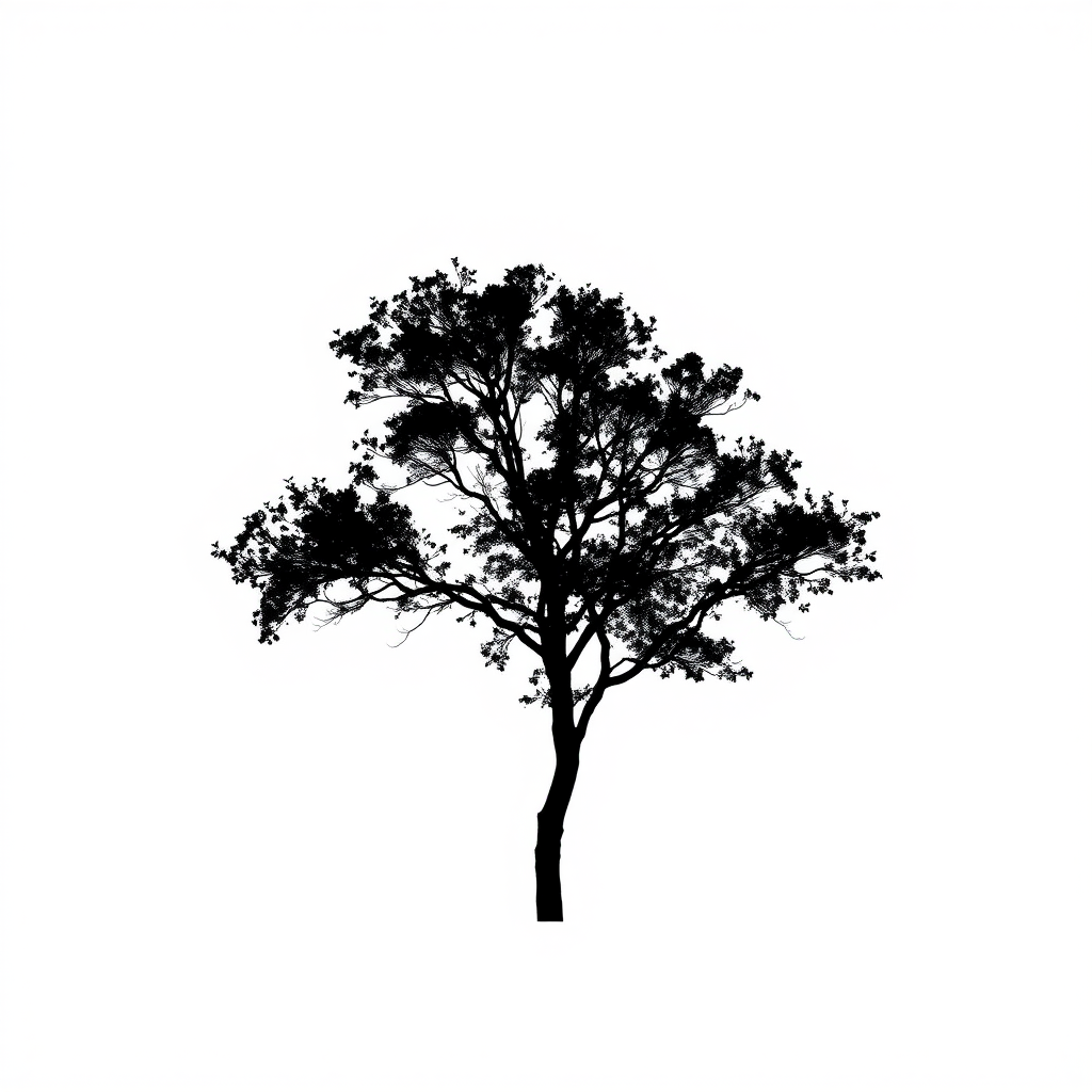 Create a high-resolution image of a simple black silhouette of a tree on a white background using a DSLR camera with a 50mm lens, aperture set to f/2.8, ISO 100, shot from a low angle for a dramatic effect.