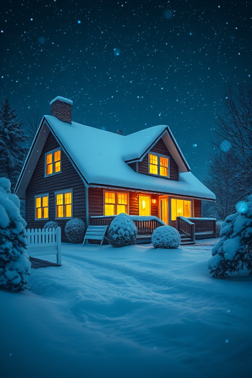 A cozy winter scene of a snow-covered house with warm yellow lights glowing from the windows, surrounded by falling snowflakes, set against a starry background with blue light orbs, shot with a DSLR camera at f/8 aperture, ISO 100, 24mm lens, panorama view, soft focus style.