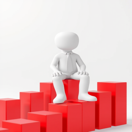 create a 3D render of a white humanoid figure wearing a tie sitting on a series of ascending red bars representing growth, capture the scene with a Canon EOS 5D Mark IV, use a 50mm f/1.8 lens, set aperture to f/2.8, shutter speed 1/125s, ISO 200, in a bright well-lit studio setting with soft shadows.