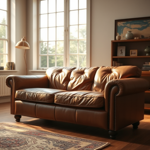Regenerate the image of an old brown leather couch in a bright, sunlit room with a large window in the background, using a DSLR camera with a 50mm lens, aperture f/1.8, ISO 200, and natural lighting to enhance the texture and warmth of the scene.