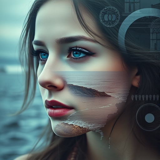 create Book cover, A surreal double exposure portrait that blends a woman's face with a beautiful seascape. The overall mood is dreamy and mystical, with rich colors and intricate details