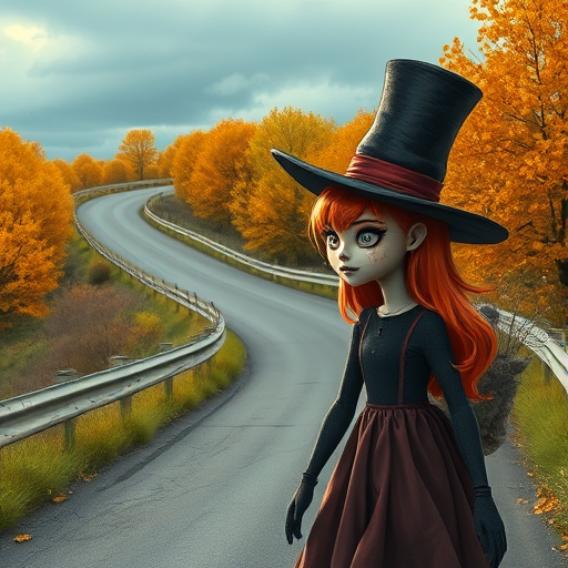 digital art fantasy depicting a strange girl with orange hair, long eyelashes, black lipstick and a tall hat walking along a winding road on an autumn afternoon, an Axolotl smiles as she passes