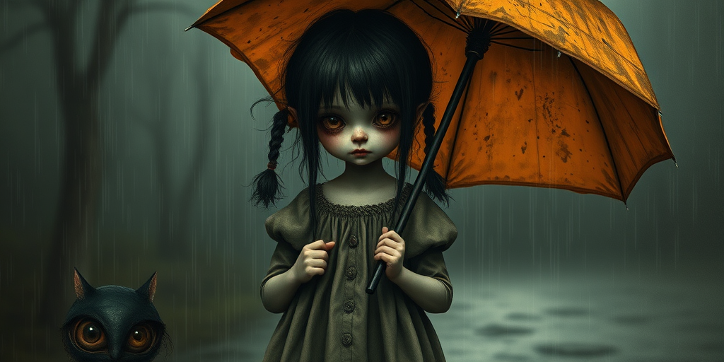 An eerie, weird little girl with dark hair in thin pigtails, wearing a smock dress, standing in the rain, holding a dirty orange umbrella, a small, odd creature beside her. In a surreal style inspired by Nicoletta Ceccoli and Brian Froud. Dark fantasy themes