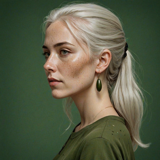 create a side profile illustration of a woman with long white hair, wearing an olive green top and a dark earring, set against a solid dark green background, with freckles on her cheeks and a confident expression