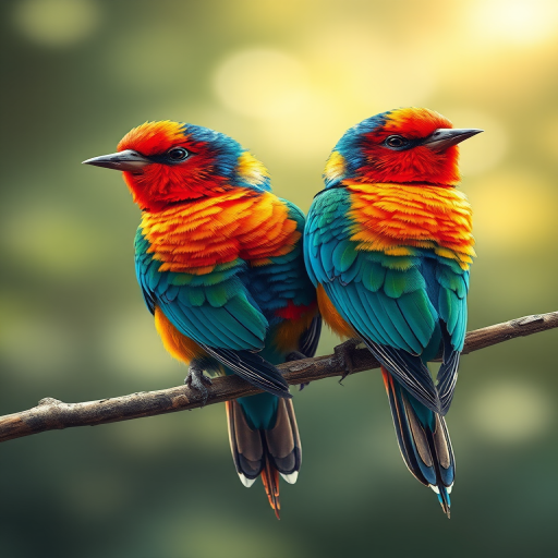 Illustration of two birds perched on a branch, vibrant colors, high resolution, captured with a DSLR camera, 50mm lens, f/2.8 aperture, ISO 100, natural lighting, soft focus background, detailed feather textures.