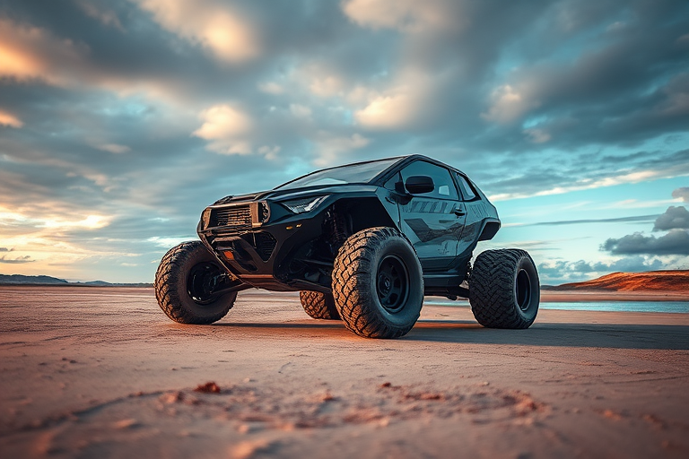 photograph a futuristic all-terrain vehicle on a beach with a dramatic sky, captured using a DSLR camera, 24mm lens, f/8 aperture, ISO 100, in natural light to enhance color vibrancy and sharpness, ensure a low angle view to emphasize the vehicle's details and size