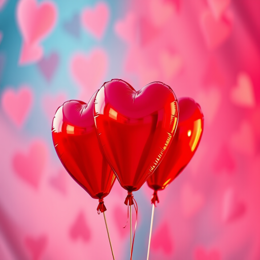 Create a vibrant illustration of three red heart-shaped balloons intertwined, using a 50mm lens, f/2.8 aperture, soft focus background, and high dynamic range to enhance color saturation and detail.