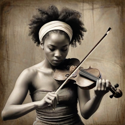 a young Afro-Caribbean woman with a white headband playing a violin, in the style of a charcoal drawing, sepia grunge background