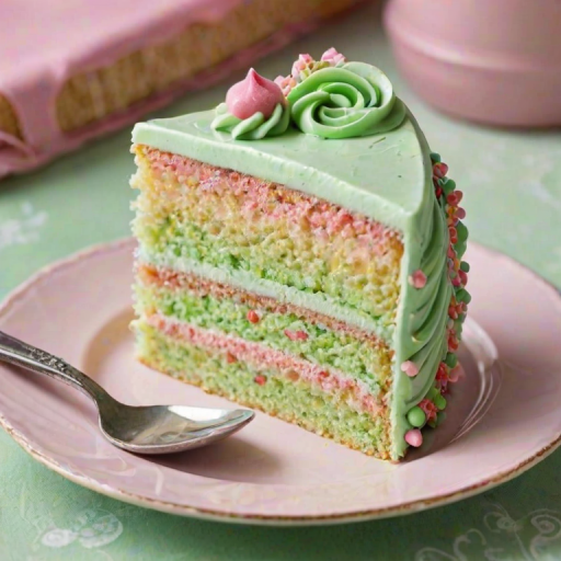 Generate an image of a slice of colorful cake on a white plate. The cake has layers with a light green base, pink frosting on top, and is decorated with small swirls of frosting and edible decorations. Include a shiny, vintage spoon next to the plate. The background should be soft and neutral, enhancing the cake's vibrant appearance.