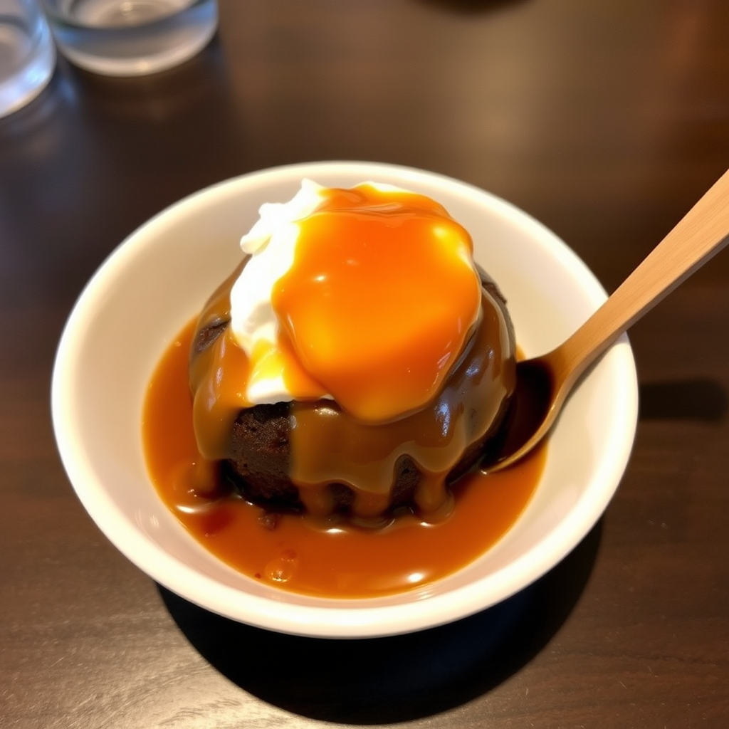 A delicious dessert featuring warm chocolate cake topped with a rich caramel sauce and a dollop of whipped cream served in a white bowl with a wooden spoon.