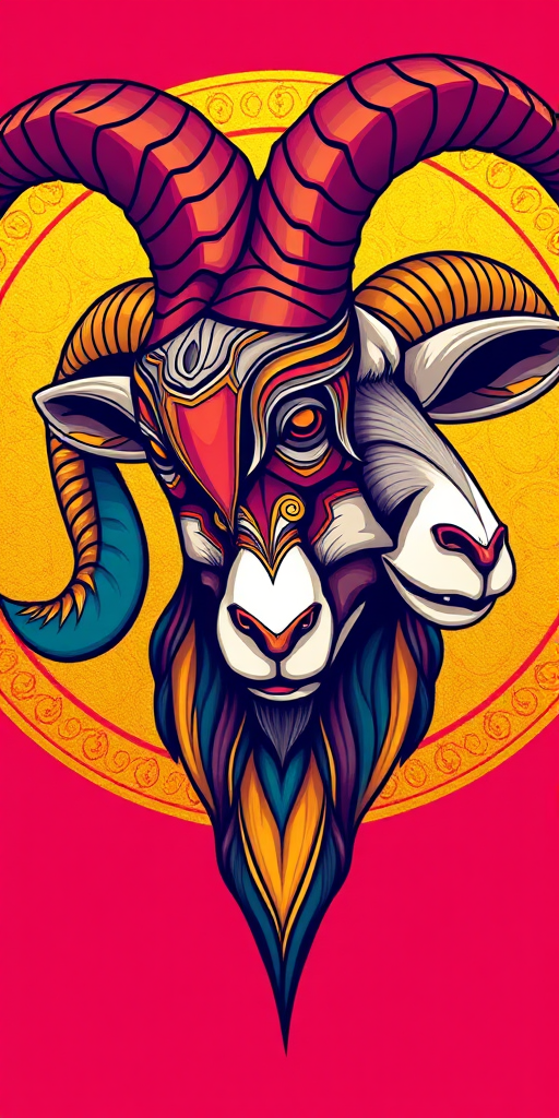 Create a vibrant illustration of a stylized ram's head with ornate features, set against a golden circular background, emphasize rich colors and intricate details, using a DSLR camera with a 50mm lens, aperture set to f/2.8, ISO 100, and a soft-focus background for depth.