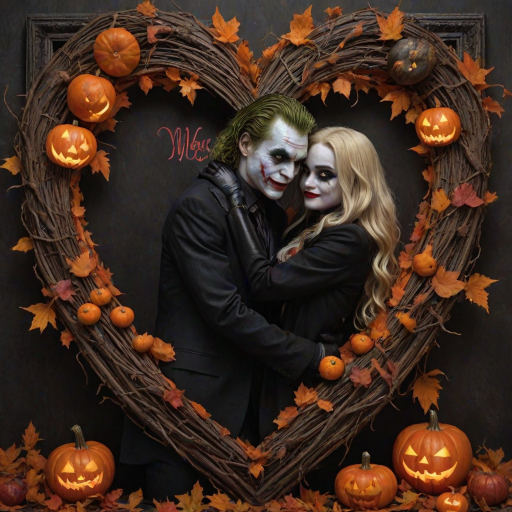 The Joker, neat, wearing a black suit and a beautiful Harley Quinn with long hair, both romantic, hugging and cuddling in the middle of a neon linen black heart frame decorated with dead leaves, bats, and small pumpkins, with a label at the bottom that reads 'Mad Love' made of linen, in a photo realistic style.