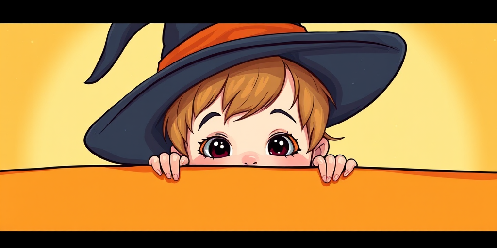 Create a whimsical illustration of a cute child wearing a large witch hat, peeking over a blank orange banner, with a bright and cheerful background; camera settings: f/2.8 aperture, ISO 200, shutter speed 1/125; camera view: close-up; camera style: vibrant colors; camera type: digital DSLR.