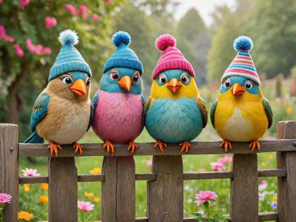 create a scene of 4 quirky  whimsical colourful comical birds each with a funny expression. they are sat on a wooden fence with colourful flowers. they are all different sizes. each one is a different colour  one is wearing a woolly hat. Each one has a different quirky google expression and there is a muted background of trees watercolour paintierly style high definition 8k resolution 3D paper mache