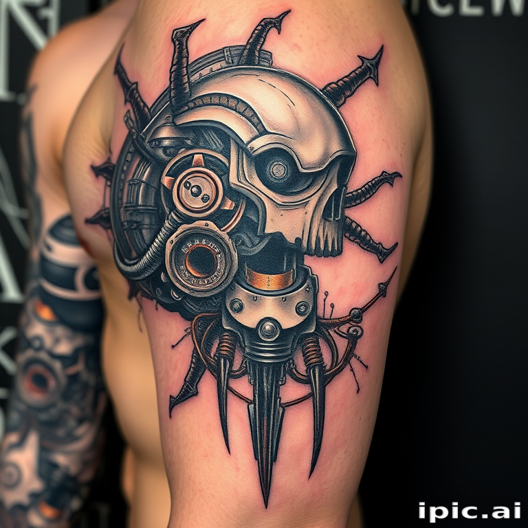 Biomechanical tattoo called "Cybernetic Fusion" blending organic forms with mechanical elements, creating the illusion of exposed robotic parts beneath torn skin using shades of gray and metallic accents