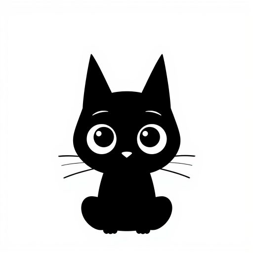 Create a black and white minimalist illustration of a cat. The cat should have large, round eyes and a simplistic, cartoonish style. Its ears should be tall and pointed, and its whiskers should be simple lines extending from its face. The background should be plain white to emphasize the cat's silhouette.