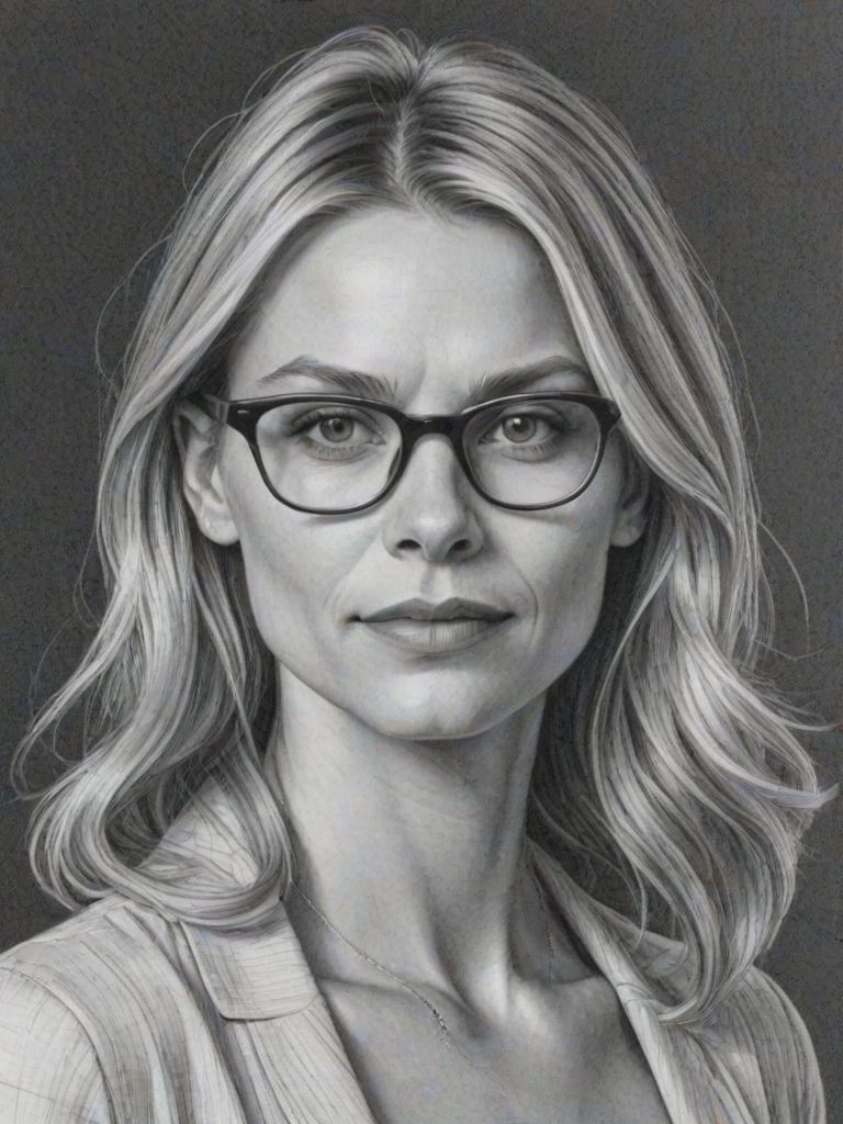 Fetching Claire Danes, pencil sketch, portrait of Magnificent woman 1964s in glasses, hair style beatnik, outline, clear lines, fine lines, 8k