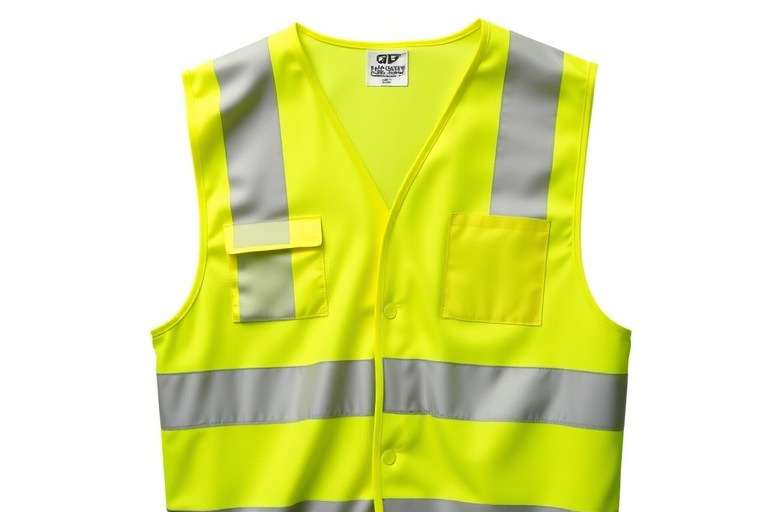 Generate a high-resolution image of a yellow safety vest with reflective stripes, using a DSLR camera with a 50mm lens, aperture set to f/4, ISO 100, and a soft box lighting effect to enhance detail and clarity, with a clean white background.