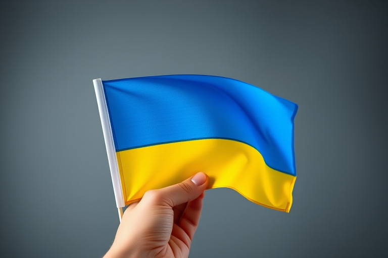 Create a high-resolution image of a hand holding a Ukrainian flag, with vibrant blue and yellow colors, using a DSLR camera at f/2.8 aperture, 1/200s shutter speed, and ISO 100, shot from a slightly elevated angle for better perspective and clarity.