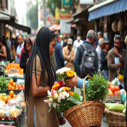 Bustling urban street market, with vendors selling fresh produce and handmade goods, a woman with long braided hair haggles over the price of flowers, her wicker basket already filled with purchases.