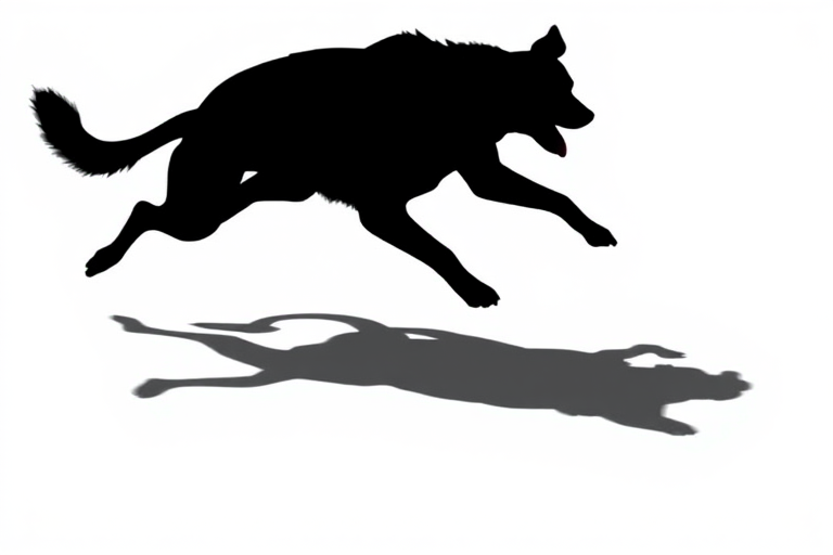 Generate a high-quality image of a black silhouette of a running dog against a white background, captured with a DSLR camera at f/2.8 aperture, ISO 100, 1/1000 sec shutter speed, using a wide-angle lens and an outdoor natural light setting.