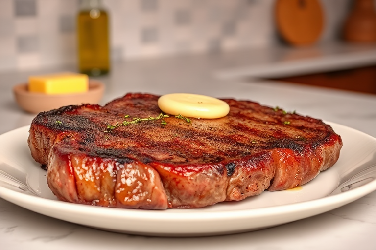 Create an image of a perfectly seared ribeye steak, resting on a white plate with a pat of melting butter on top. The steak is seasoned with fresh herbs like thyme and parsley, with glistening juices highlighting the texture of the meat. The background features a soft focus on a light, marble countertop, with a small dish of butter and an olive oil bottle in the distance. The overall mood should be warm and inviting, capturing the deliciousness and juiciness of the steak.