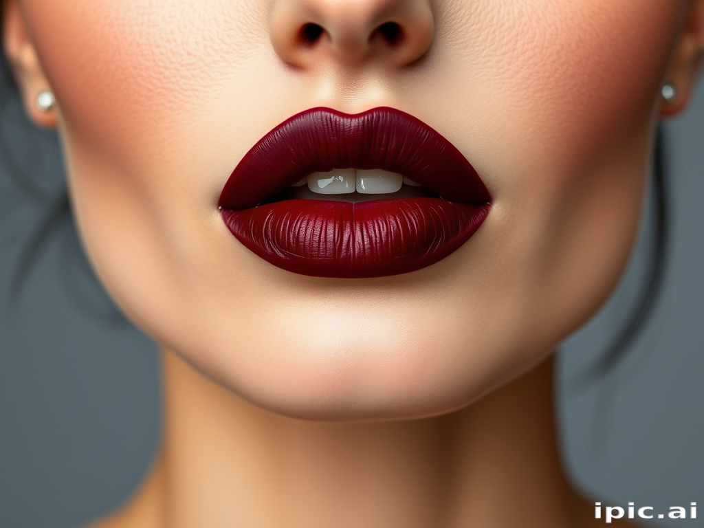 Elegant woman lips painted in deep burgundy matte lipstick, perfectly lined and shaped, full face image highlighting sophisticated allure and timeless beauty