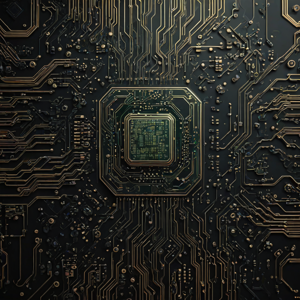 Generate a futuristic circuit board design with a central glowing processor. Emphasize intricate patterns and glowing elements, creating a high-tech, digital aesthetic. Use a dark background to enhance the brightness of the lights and details.
