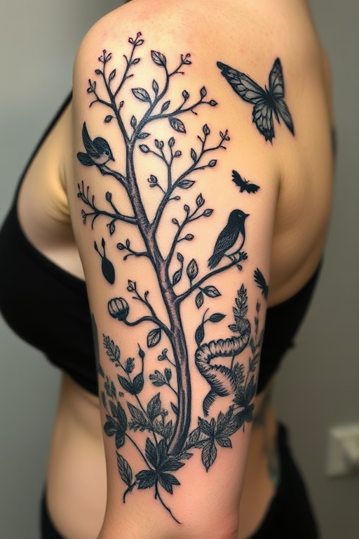 Illustrative blackwork tattoo called "Enchanted Forest" depicting whimsical woodland creatures and flora with bold black lines and negative space to create depth and contrast
