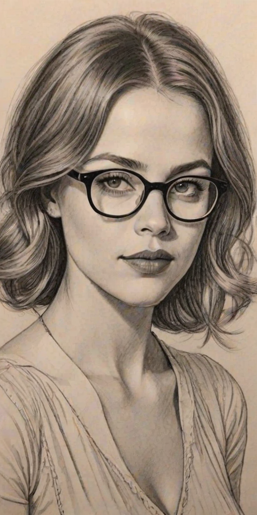 Ravishing Alexis Dziena, pencil sketch, portrait of Pleasing woman 1922s in glasses, hair style beatnik, outline, clear lines, fine lines, 8k