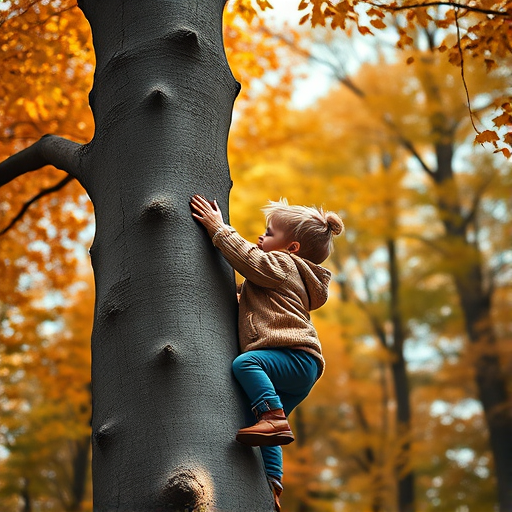 Create a high-resolution image of a child climbing a tree, captured from a low angle to emphasize the height, using a Canon EOS R5 with a 50mm lens, aperture set to f/2.8 for a shallow depth of field, ISO 200 for optimal light, and a soft focus to enhance the dreamy quality amidst vibrant autumn foliage.