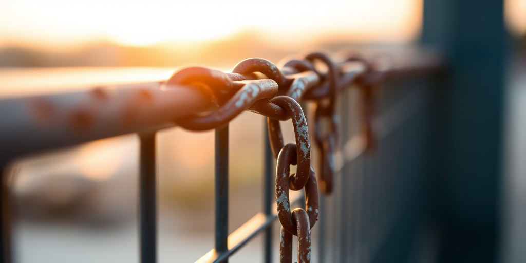 Close-up of a rusted chain draped over a metal railing in soft evening light, 50mm lens, f/1.8, ISO 200, 1/250s, shallow depth of field, DSLR camera, natural light, warm tones.