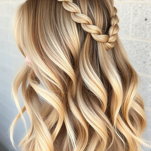 Bohemian hair style showcasing long golden blonde beach waves adorned with delicate braids and subtle sun-kissed highlights throughout