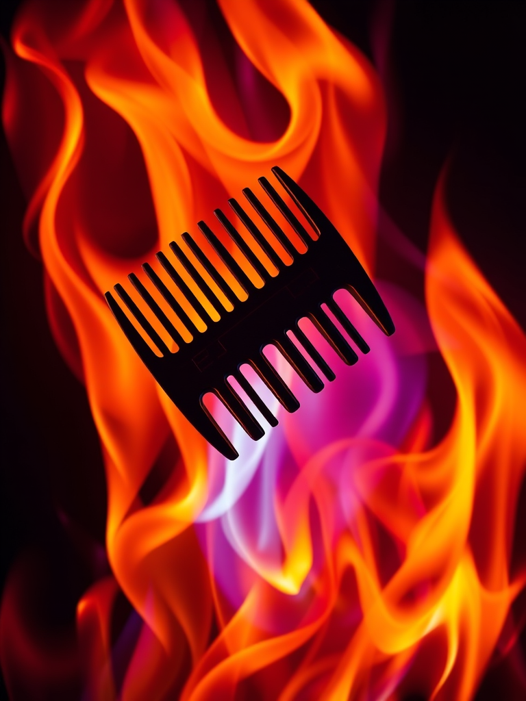 Generate a stylized image of a comb combined with vibrant flames, use a Canon EOS R5 camera, set aperture to f/4, shutter speed 1/200s, ISO 100, with a close-up view, using a flat lay perspective and vivid colors for visual impact.