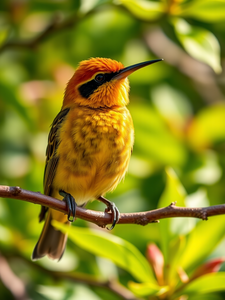 Close-up of a sunbird perched on a branch, vibrant green foliage in the background, natural light, depth of field focus on the bird, ISO 200, aperture f/4, shutter speed 1/500s, using a DSLR camera with a macro lens.
