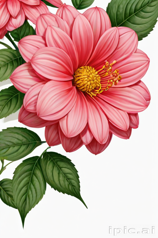 Vibrant Pink Flower with Lush Green Leaves Against a White Background