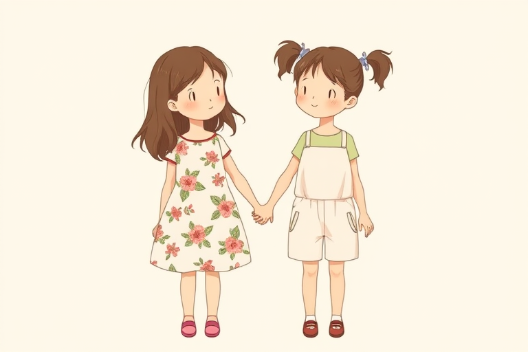 regenerate a minimalist illustration of two young girls holding hands, one in a floral dress and the other in a short romper, use a soft color palette, digital art style, shot with a Canon EOS R5, 50mm lens, aperture f/1.8, ISO 100, natural light, high-resolution, focus on facial expressions and clothing details.