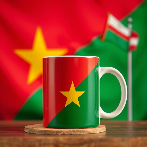 Generate an image featuring the flag of Comoros, a colorful mug with the same flag design, and a flag on a pole, using a DSLR camera with a 50mm lens, f/2.8 aperture, ISO 100, and a shallow depth of field for a vibrant and detailed look, shot from a slightly elevated angle to enhance perspective and composition.