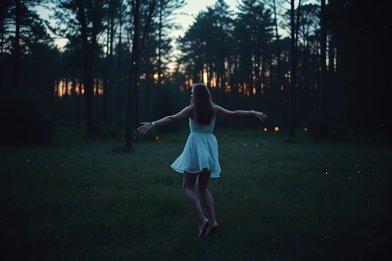 Quiet forest clearing at twilight, with fireflies beginning to flicker in the gathering darkness, a woman stands barefoot in the grass, her arms outstretched as she spins slowly in the fading light.