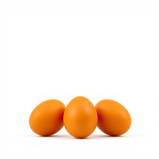 Create a realistic illustration of three smooth, orange eggs positioned closely together, using a 50mm lens, f/2.8 aperture, with a shallow depth of field, in soft natural lighting, shot from a slightly elevated angle with a DSLR camera.