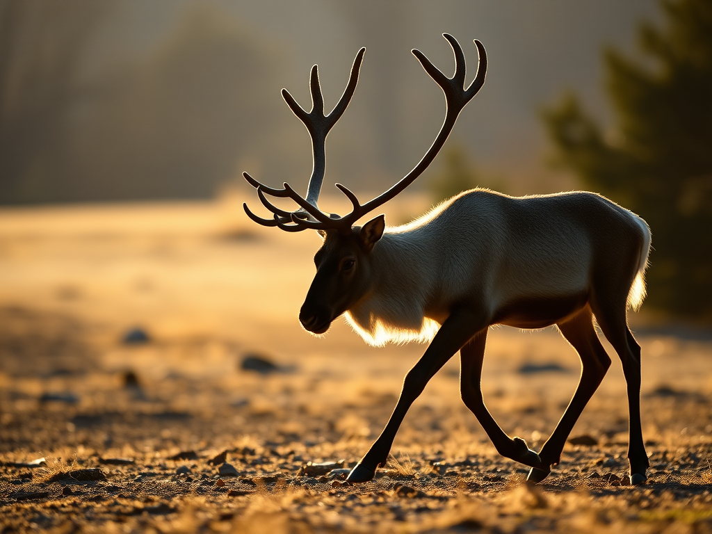 Create a high-quality silhouette of a walking reindeer with intricate antlers, using a Canon EOS 5D Mark IV camera with a 50mm f/1.8 lens, aperture set to f/4, ISO 100, and a shallow depth of field, capturing the view in soft natural light.