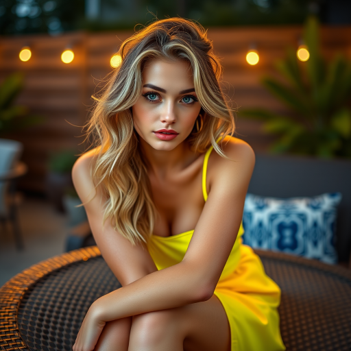 Alluring photo of woman:caucasian:0.4, highlight hair, wearing Neon dress, sitting on Patio furniture, rim lighting, studio lighting, looking at the camera, dslr, ultra quality, sharp focus, tack sharp, dof, film grain, Fujifilm XT3, crystal clear, 8K UHD, highly detailed glossy eyes, high detailed skin, skin pores
