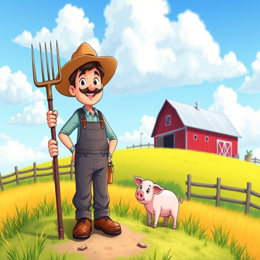 Create a high-resolution illustration of a cartoon farmer standing on a hill with a pitchfork, wearing overalls and a straw hat, a small pig beside him, a red barn in the background, bright blue sky with fluffy clouds, captured in a vibrant, colorful style with a digital art medium, simulating a DSLR camera with a 50mm lens at f/8, ISO 100, and a shallow depth of field to enhance image quality.