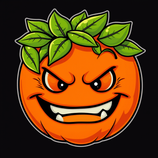 Create a vibrant vector illustration of an angry orange emoji with green leaves on top, using a high-resolution setting of 300 DPI, a close-up view, in flat design style, captured with a digital illustration technique.