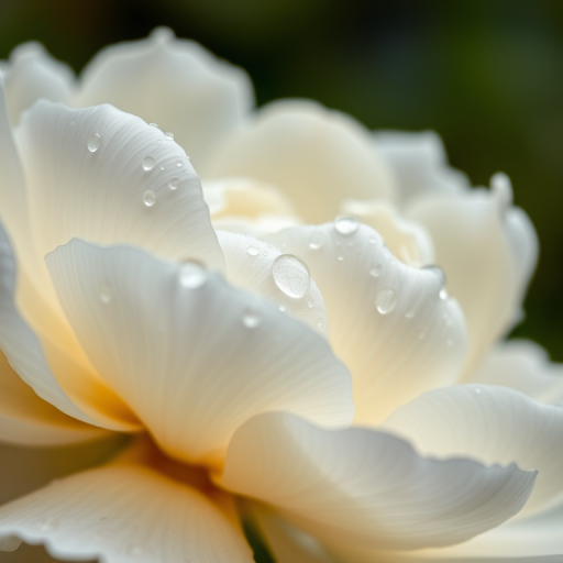 close-up shot of a white peony flower with dew drops on the petals, f/2.8, shutter speed 1/250s, ISO 100, natural light, macro lens, DSLR camera
