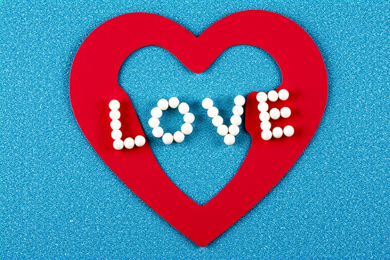 Create an image of a red heart cutout on a shimmering blue background with the word "LOVE" spelled out in white beads on top, shot with a DSLR camera, aperture f/2.8, shutter speed 1/100s, ISO 200, using a macro lens for close-up detail and a soft focus effect.