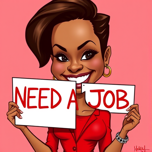 caricature of a smiling Halle Berry in a Scarlet dress or suit, holding up a sign that says "NEED A JOB", no watermark,